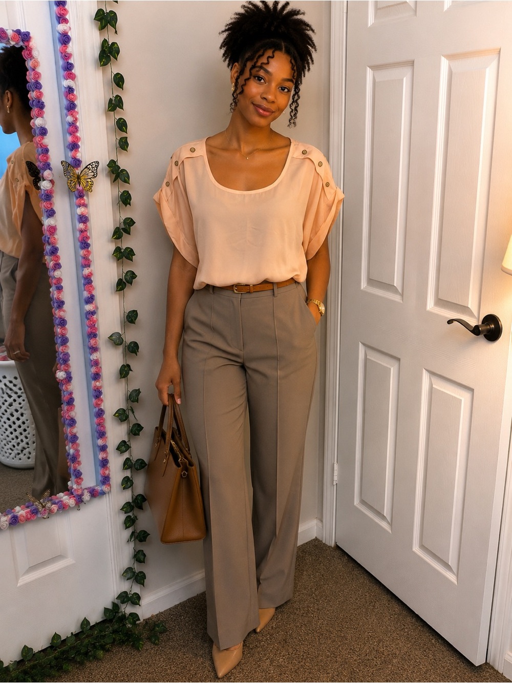 Soft Peach Button-Shoulder Blouse